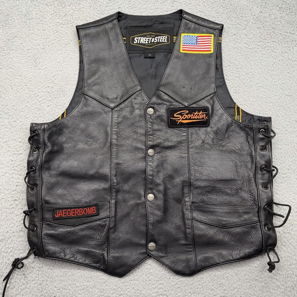 Street & Steel Mens XL Black Leather Sportster Patch Motorcycle Riding Vest